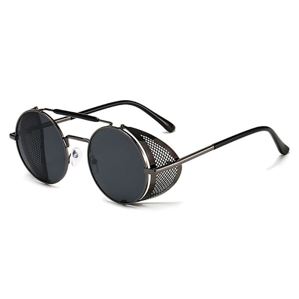 Retro Runda Polariserade Steampunk Solglasögon Män Kvinnor Black Grey