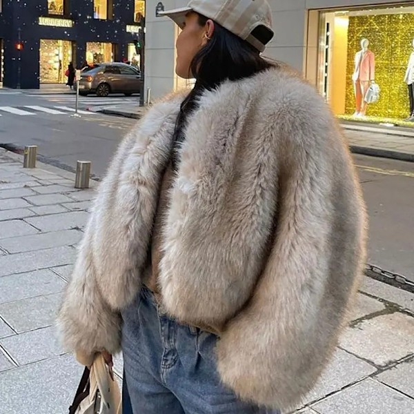 Vinterjakke for kvinner i kunstig pels, lang ermet, avkortet Apricot 2XL
