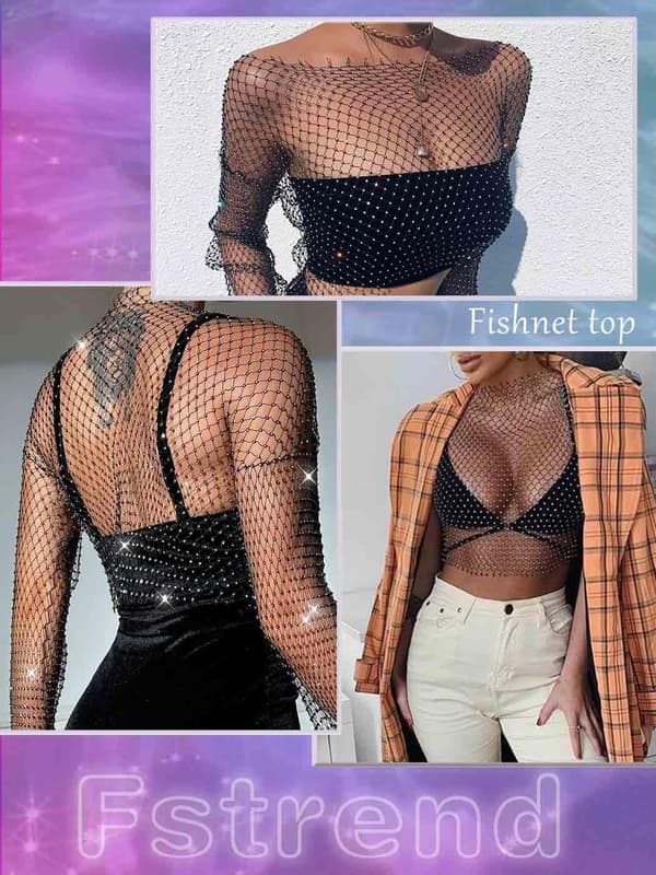 Kvindernes Mesh Body Chains Rhinestone Langærmet Gennemsigtig Top