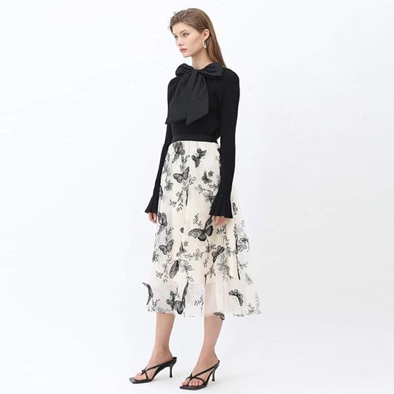 Dame Sort 3D Posy Dobbeltlags Mesh Midi Skørt Apricot S
