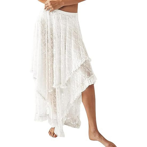 Dame Blonde Lange Skjørt Sommer Sexy Gjennomsiktig Strand Blomster Maxi Skjørt white M