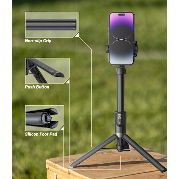 Selfie Stick Stativ for iPhone & Android, Trådløs Bluetooth Fjernkontroll Black