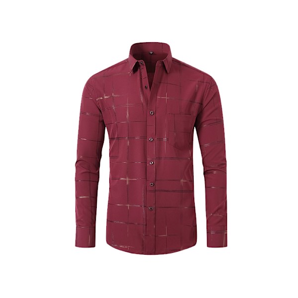 Menn's Rutete Skjorte med Knapper, Lang Erme, Dress Skjorte Wine Red M