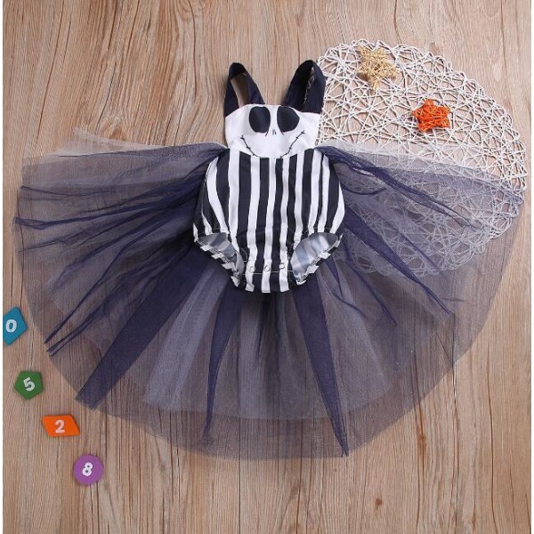 Halloween Pige Smiley Stripe Mesh Kjole Gray 100CM