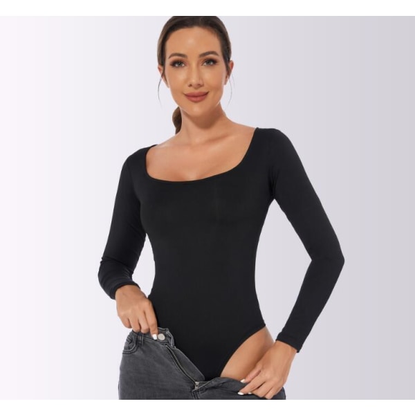 Slimmad långärmad jumpsuit för kvinnor med rund hals Black 2XL