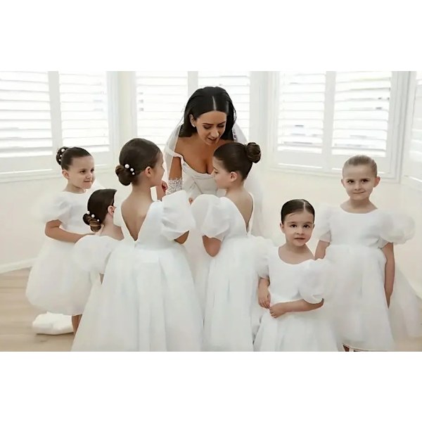 Tyttöjen Puhvihihainen Tyllihame Pyörähdys Babydoll Levenevä Juhlapuku Prinsessamekko White 120cm