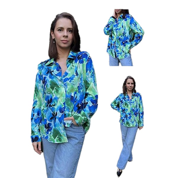 Dam Skjortor med Knappar Blommig Tryck Långärmad Vardaglig Topp Blue M