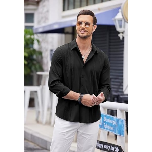 Herr kubanska Guayabera Casual Button Down strandlinneskjortor Black S