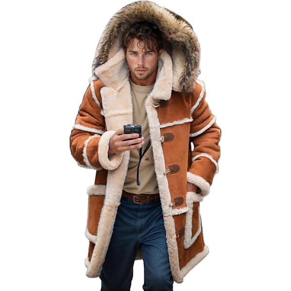 Herre Shearling-jakker med hette, Faux Suede Sherpa-fôret Saue-skinnjakker Brown 3XL