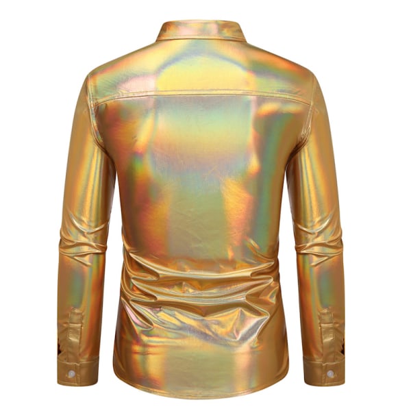 Mænds Metallic Disco Skinnende Slim Fit Langærmet Knapløs Natklubskjorte Gold L