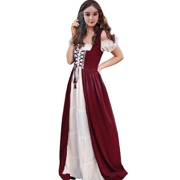 Medeltida Damkostym Renässans Spets Kostym Cosplay Överklänning Wine Red 2XL/3XL