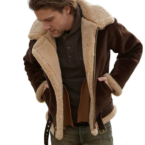 Faux Shearling Läder Bomberjackor för Män, Varma Vinterjackor Brown L