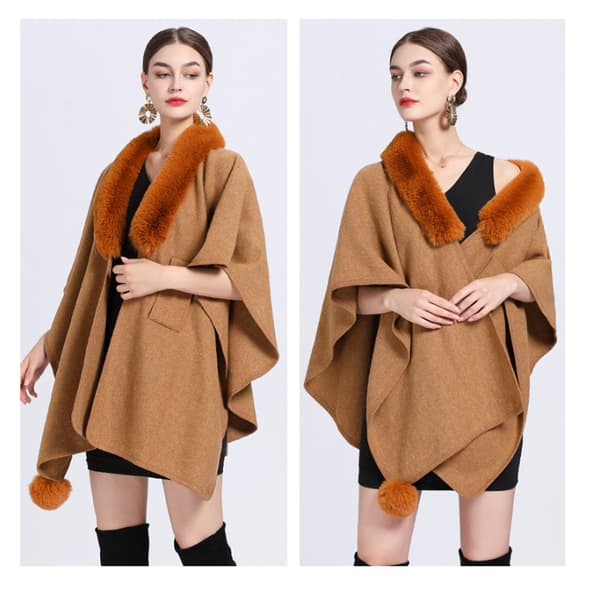 Faux Fur Trim Cardigan Kappe Sjal til Efterår Vinter Camel