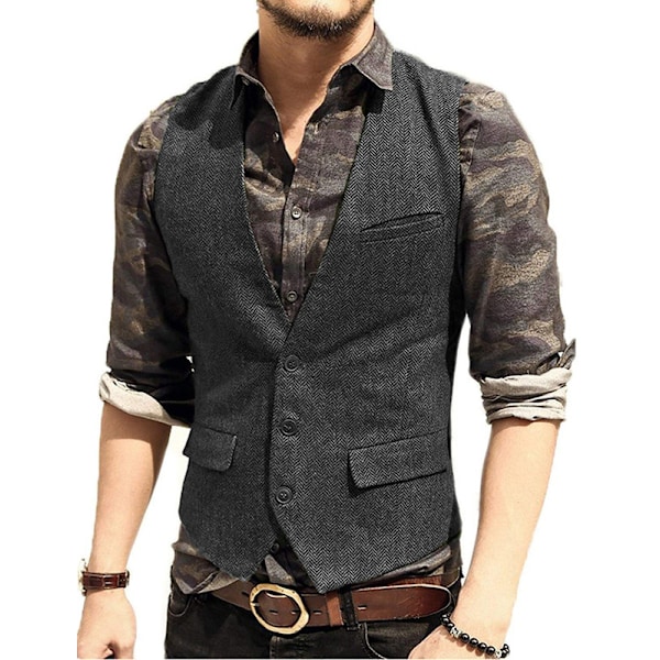 Herrar Herringbone Tweed Ylle Väst Enknäppt Slim Fit Väst Dark Grey M