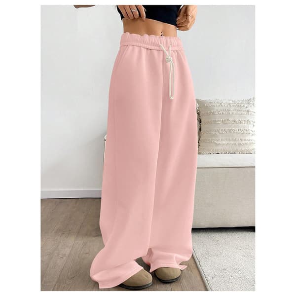 Brede sweatpants for kvinner, høy midje, rette ben, snøring, elastisk midje Pink XL