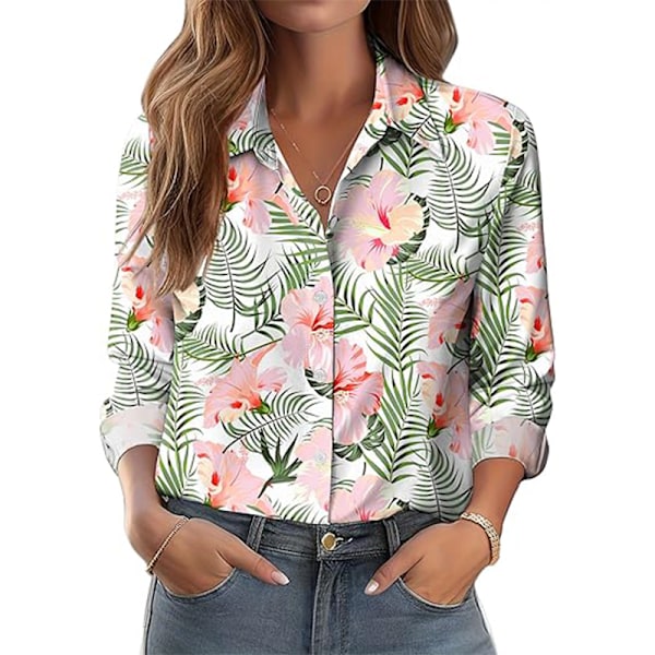 Dam Skjortor med Knappar Blommig Tryck Långärmad Vardaglig Topp Green M