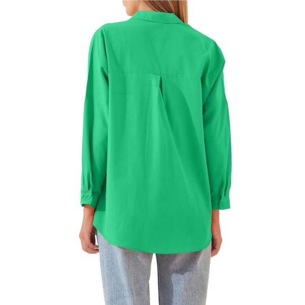 Enfärgad långärmad bomullsskjorta för kvinnor Green L