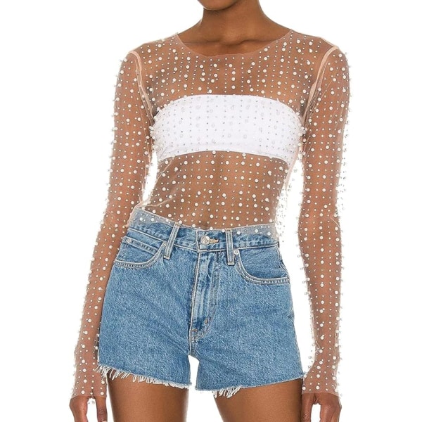 Kvinnor Sexig Genomskinlig Pearl Rhinestone Beaded Crop Top Beige L