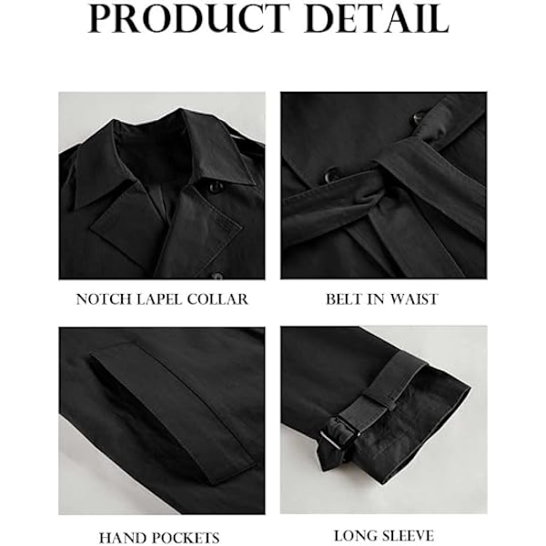 Dame Lang Dobbeltbrystet Trenchcoat med Bælte Black M