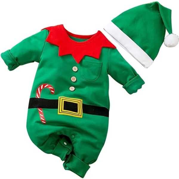 Baby , flickor, jultomtekostym 1:a juloutfit med hatt, storlek 0-24 månader Green 73