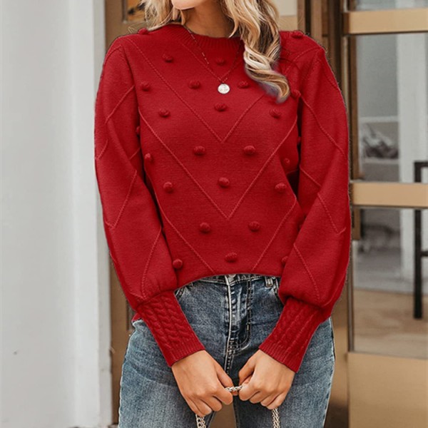 Långärmad stickad tröja för kvinnor med pompom-detalj Red M