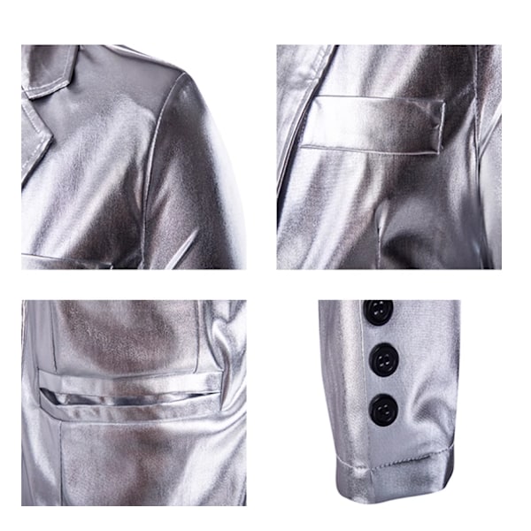 Mænds Blazer med Spidset Lapel, 2 Knapper, Prom, Skinnende Sportsjakke Silver M