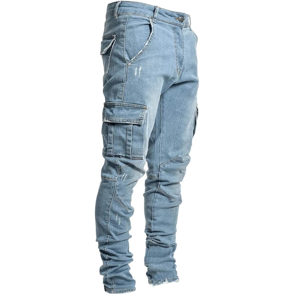 Slim Fit Jeans för män 7 fickor Stretch Skinny Denim Pencil Byxor Blue L