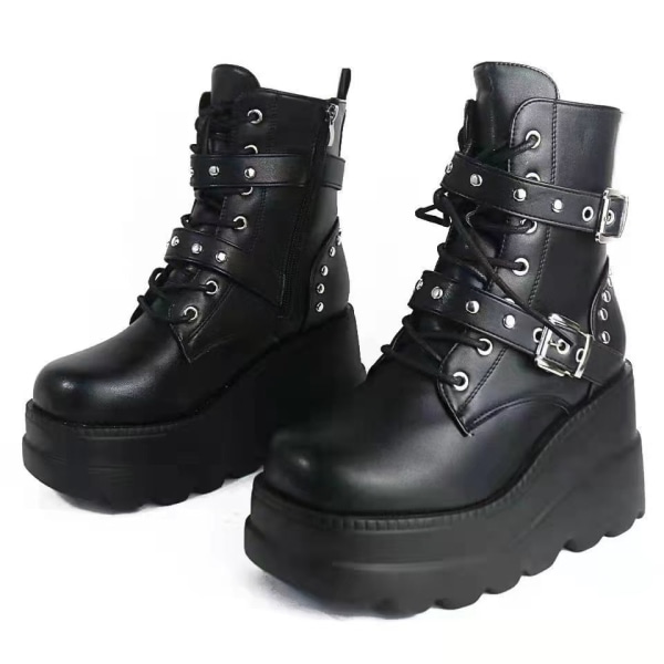 Dame Platform Støvler Punk Snørebånd Combat Støvler 36