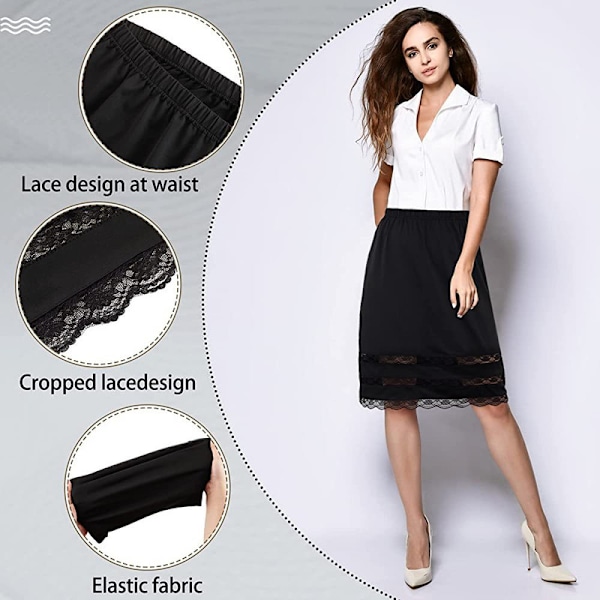 Halv Slips för Kvinnor Underskjort Klänning Spets Kant Knälång Kort Kjol Black 2XL
