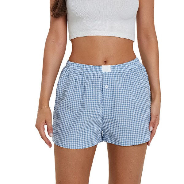 Mjuka, elastiska damshorts med låg midja och rutigt tryck Light Blue XL