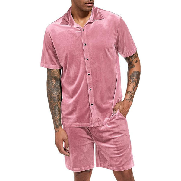 Miesten rento lyhyt setti sametti lyhythihainen napitettu paita 2 osainen asu urheiluasu Pink 2XL