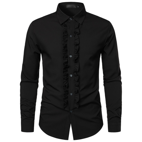 Herrar Slim Fit Tuxedo Skjorta med Rufflar för Bröllop och Middag BLACK L