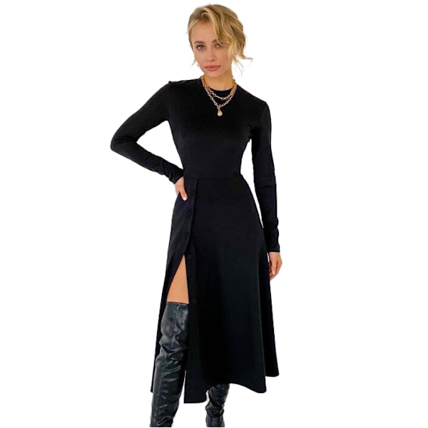 Långärmad Slim Split Midi-klänning för kvinnor black M