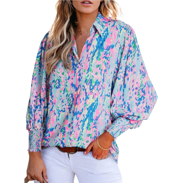 Dame Bluser med Knapper, Trykt Lanterneærmer, Langærmet, Afslappet Top Color 6 S