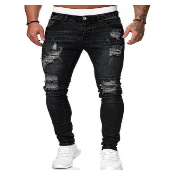 Ripped jeans för män Slim Fit Stretch Denim Byxor black S