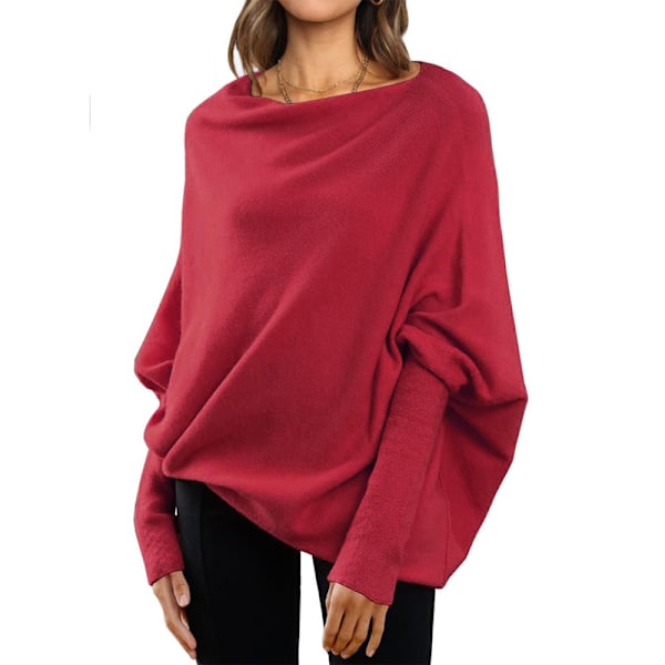 Damernas Batwing Överdimensionerade Tröjor Asymmetriska Off Shoulder Båthals Wrap Tunika Toppar Wine Red M