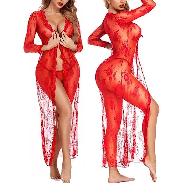 Naisten seksikäs pitkä pitsi-aamutakki läpinäkyvä kimono-aamutakki Red 2XL