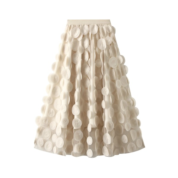 Dame Tyll Midi Skjørt 3D Polkadot Mesh Skjørt A-Linje Beige