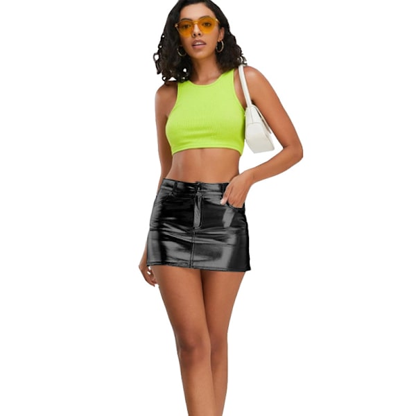 Dam Kjol, Hög Midja, Bodycon, Mini, Konstläder Black M
