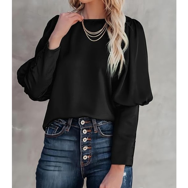 Satin Bluser med Puffærmer til Kvinder - Casual Løstsiddende Top Black L