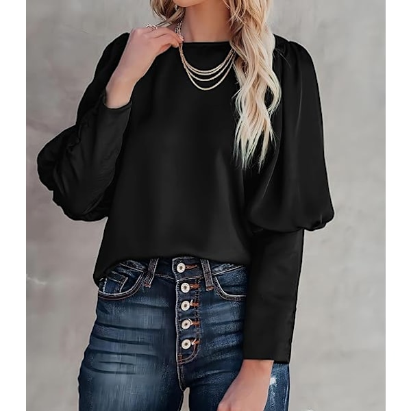 Satinbluse med Puff-ermer for kvinner - Avslappet og løs topp Black M