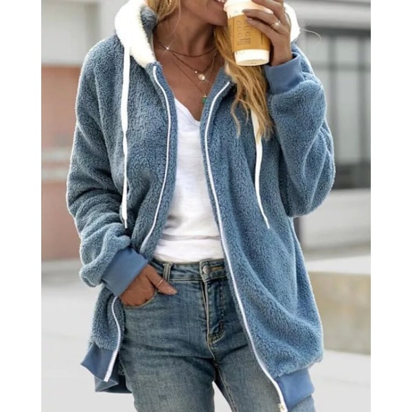 Dametøj Sherpa Jakke Fuzzy Lynlås Hoodie Oversized Fleece Jakker Blue M