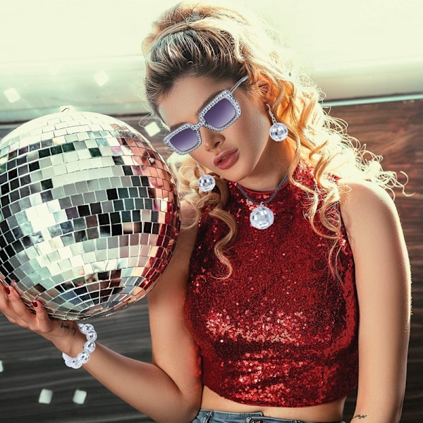 5 stk. 70'er Disco Tilbehør Kvinder Kostume Smykker Disco Øreringe Sequins Halsklæde Pandebånd Gold A