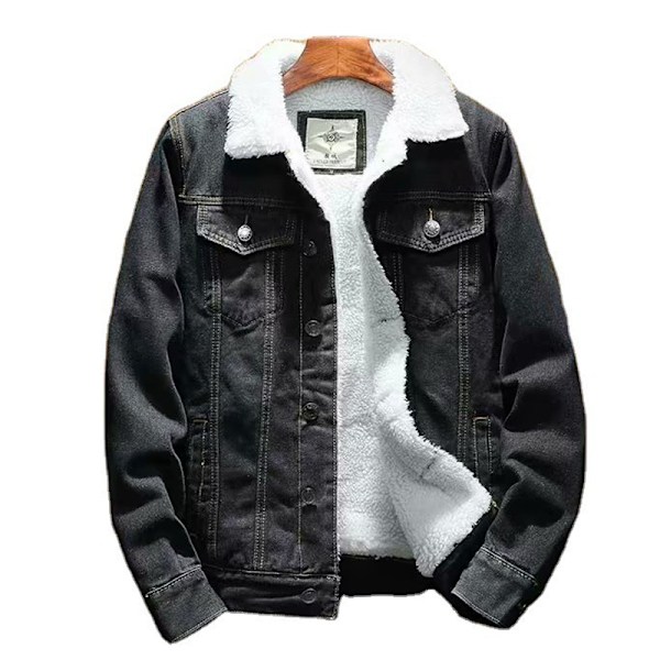 Mænds Lapel Sherpa Fleeceforet Tyk Denim Jean Trucker Jakke Frakker Black XL