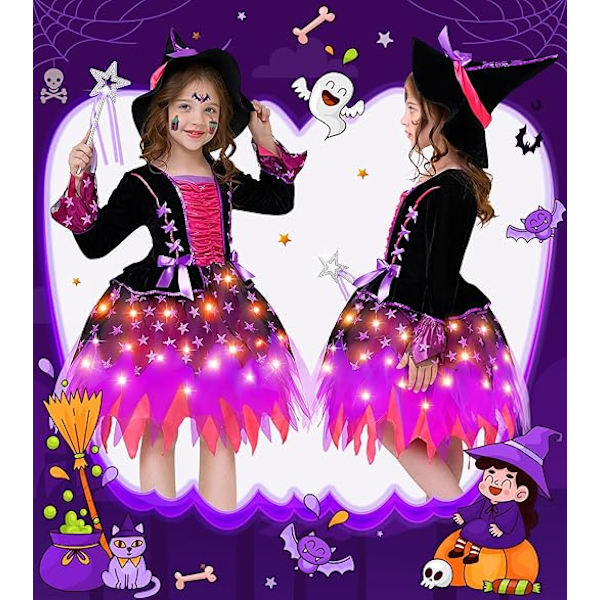 Häxkostym för flickor med Ljus - Häx Halloween Kostymer 130
