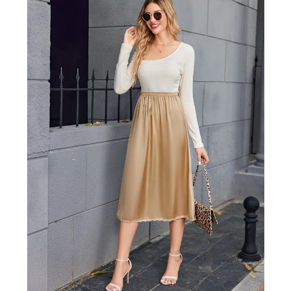 Kvinnors Satin Half Slips Spets lång underkjol champagne M