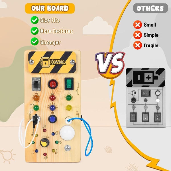 Baby Tre Busy Board med 8 LED-lysbrytere Wood