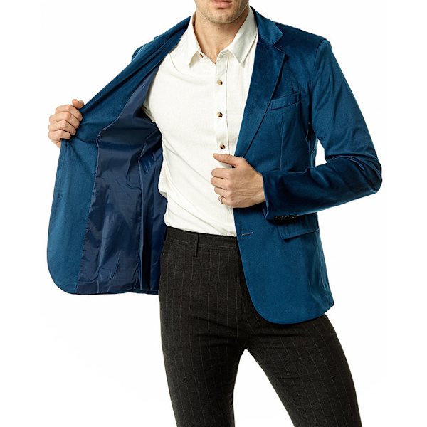 Slim Fit V-ringad sammetsjacka med två knappar för män Blue L