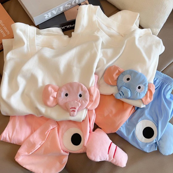 Unisex Tegneserie Elefant T-skjorte og Shorts Sett Myk Dyre Pyjamas Blue XL