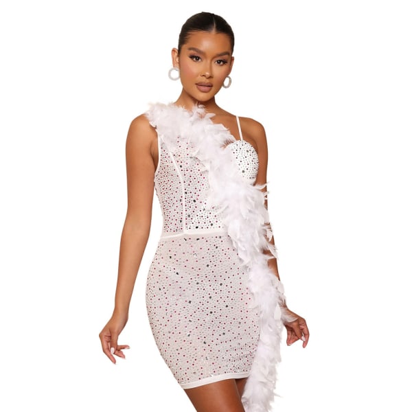 Sexy Mesh Rhinestone Kjole til Kvinder med Hot Drilling White XL